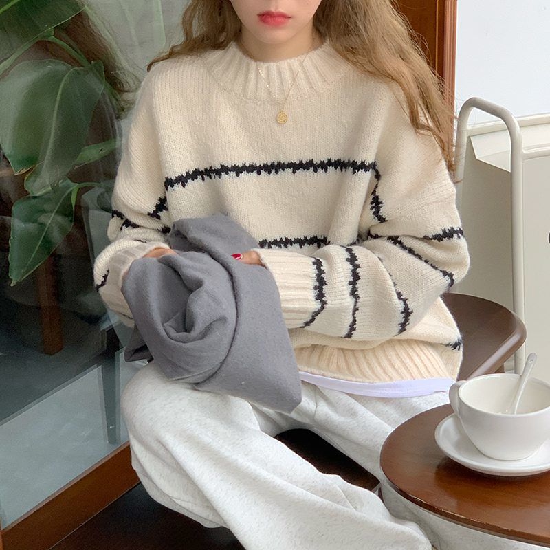 Fashion Outer Wear Women Spring Autumn Sweater O-neck Vintage Striped Knttied Pullovesrs Female Long Sleeve Loose Sweater 2023