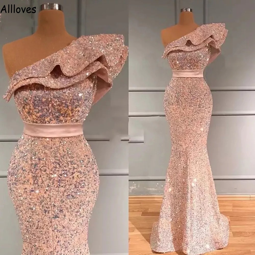 Pink Sequined Dubai Arabic Evening Dresses One Shoulder Ruffles Women Plus Size Maternity Prom Party Gowns Trompet Bling Sexy Formal Occasion Dress Vestidos CL1740