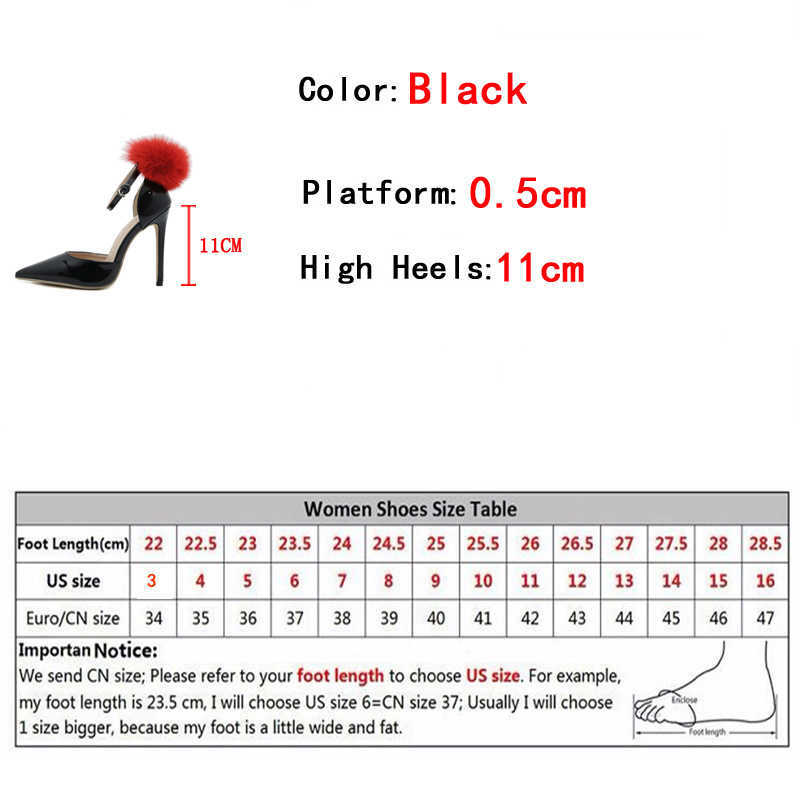 Черные высокие каблуки для женщин 2023 Модные пушистые мех летние сандалии Женская заостренная пряжка для шпильки насосы с прямыми бретелями 0129