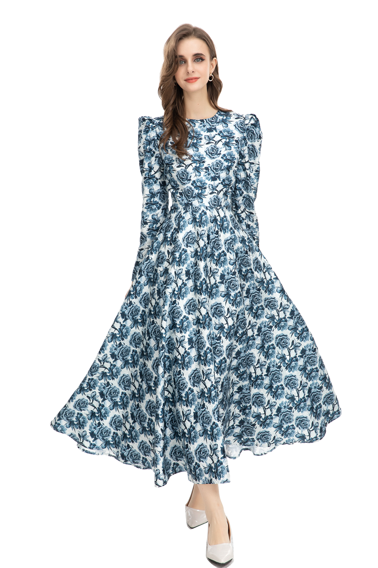 Women's Runway Dresses O Neck Long Puff Sleeves Printed Elegant Fashion High Street Vestidos