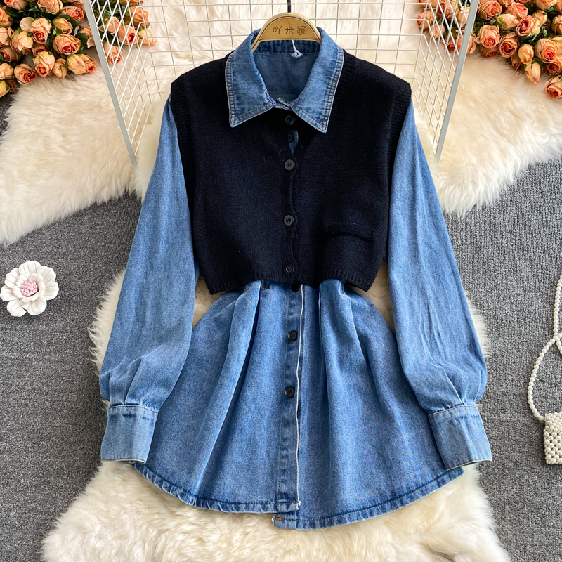 Long Sleeve Single Women's Knits Breasted Denim Blouses Women Blusas Mujer De Moda 2023 Autumn Winter New Shirt with Knit Vest