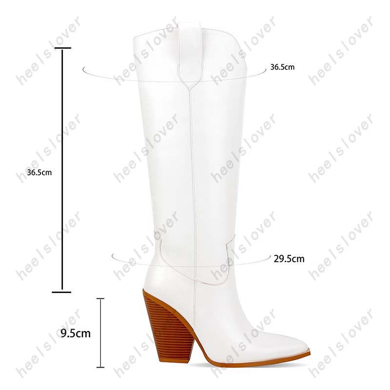 Heelslover Western femmes hiver mi-mollet bottes bloc talons bout pointu belles chaussures de fête blanches dames taille américaine 5-13