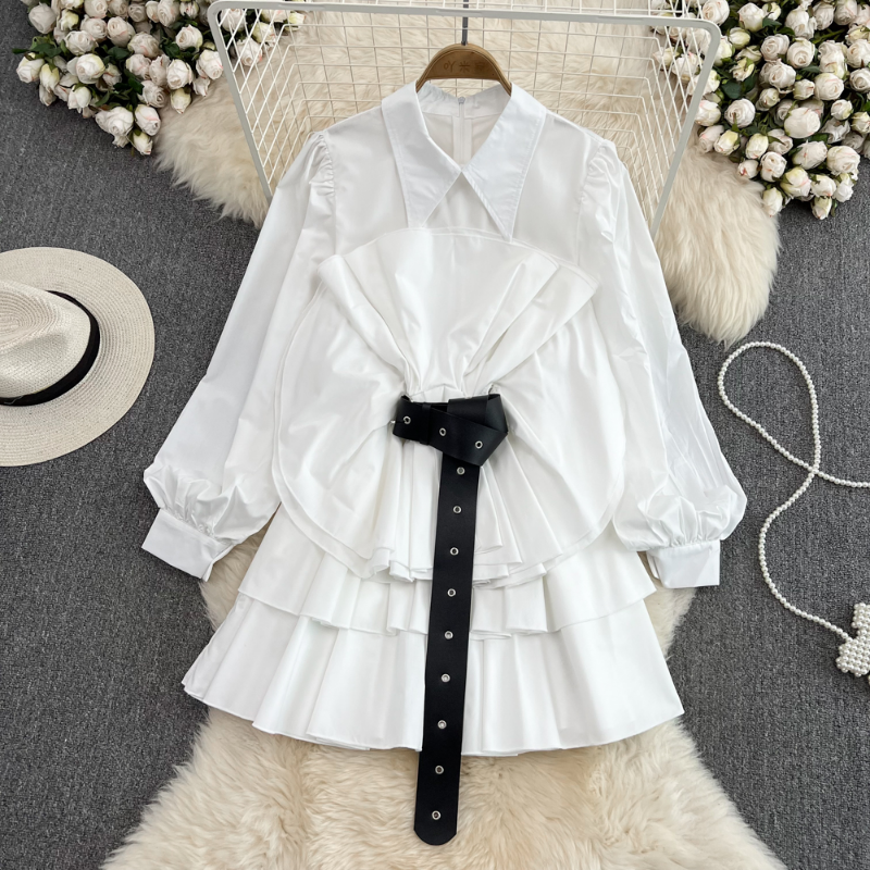 Turn Down Collar Casual Dresses Solid Color Lantern Sleeve Robe Femme 2023 Vestidos De Mujer Elegant Pleated Belt Slim Waist Dress