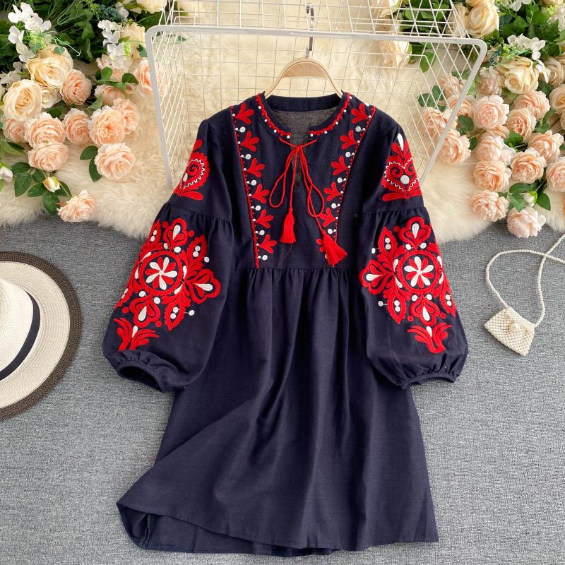 Bohemian Chic Flower Embroidery Lace Up Dress O-neck Elegant Femme Vestidos 2023 Fashion New Panelled Dresses Women 2023