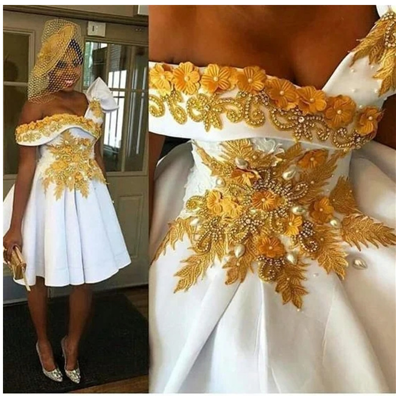 Luxury V-neck 3D Flowers Crystals Gold Lace Womens Formal African Ladies Party White Short Evening Dresses 2023