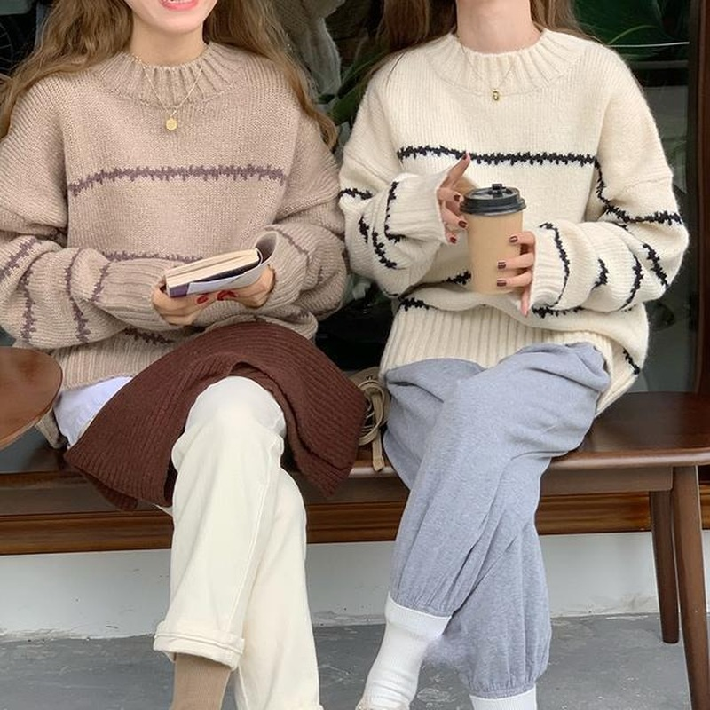 Fashion Outer Wear Women Spring Autumn Sweater O-neck Vintage Striped Knttied Pullovesrs Female Long Sleeve Loose Sweater 2023