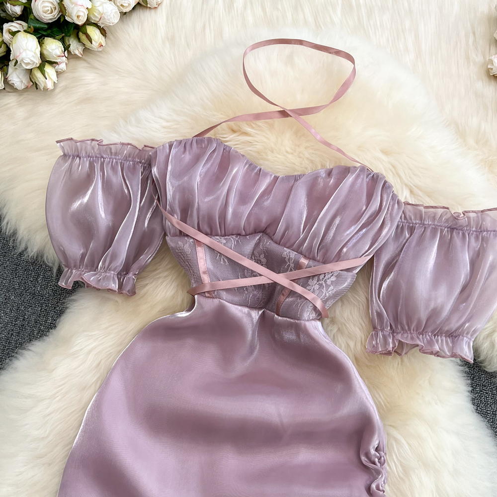 Lichte luxe casual jurken high-end gewaad Femme Slash nek Suspenders Vestidos slanke dunne trekkoord onregelmatig heuppakket paarse jurk 2023