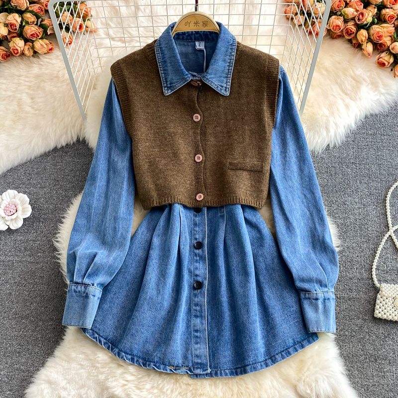 Long Sleeve Single Women's Knits Breasted Denim Blouses Women Blusas Mujer De Moda 2023 Autumn Winter New Shirt with Knit Vest