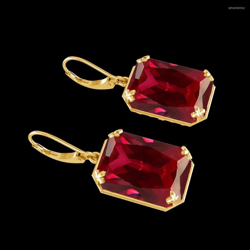 Dangle Küpeler Vintage Ruby Drop 18K Altın Kaplama Kadınlar Lüks Asma 925 STERLING Gümüş Hoop Nişan Güzel Takı Hediye251E