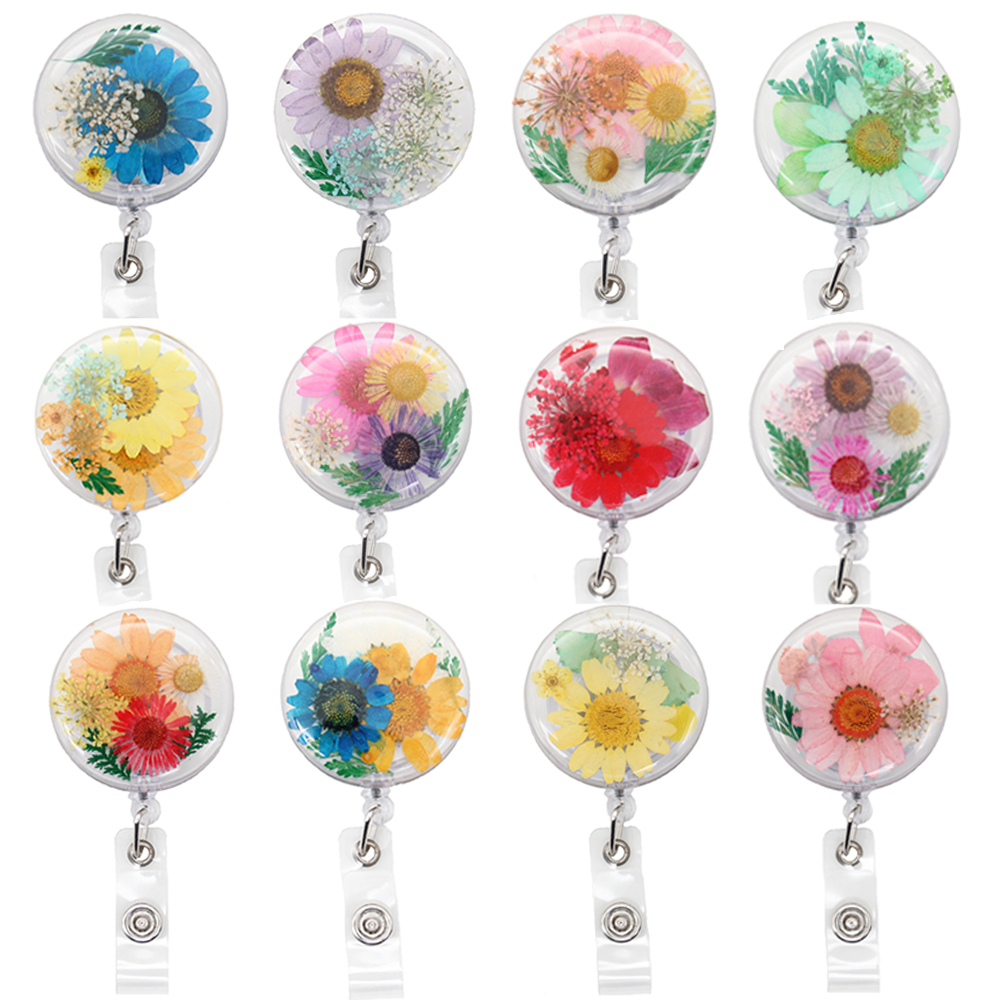 10 PC/lote Anillos de llave de moda suministro de la oficina de flores secas Clip de insignia retráctil para para los accesorios de trabajadores de la salud Holder