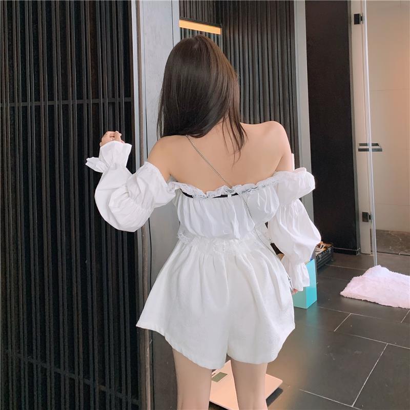 Women's TShirt Sexy Top Women Blouse With Lace Up Off Shoulder s Puff Sleeve White Shirt Vintage Ruffle Crop Solid Color Black Female 230131