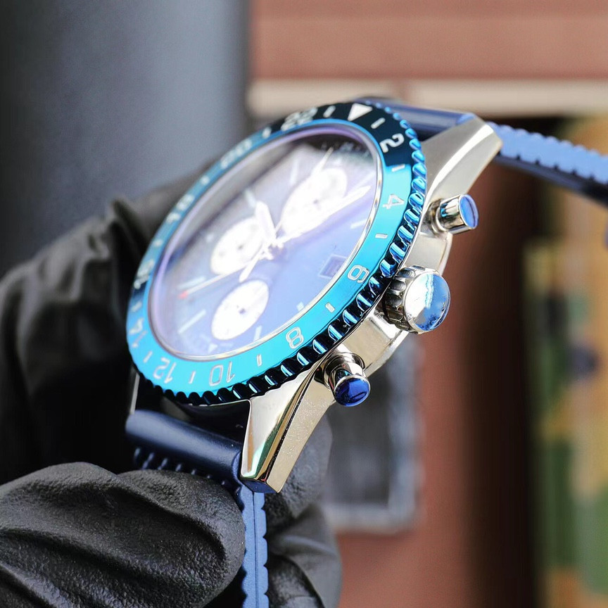 Montres à quartz pour hommes, chronomètre 43mm, ceinture en caoutchouc, couleur bleue, boîtier en acier fin 316L, calendrier 283v