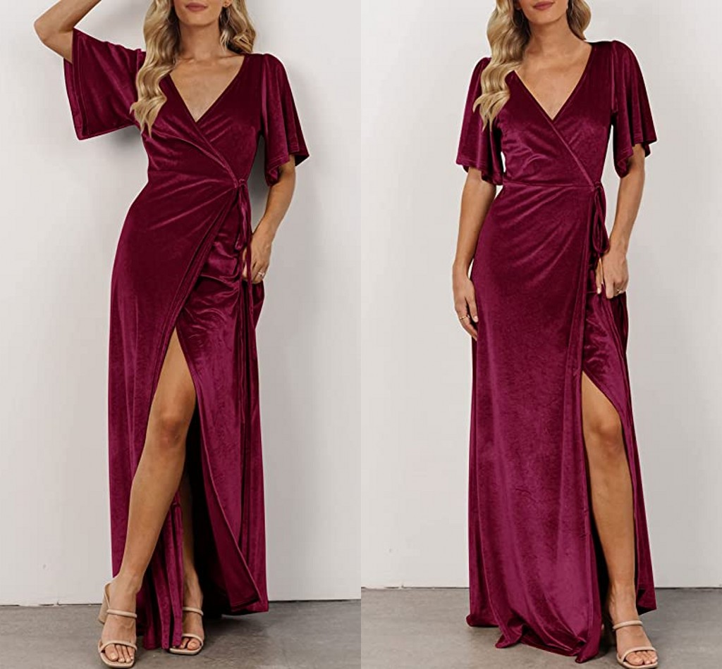 Dubai Arabo Borgogna Velluto Lungo Abiti da damigella d'onore Sexy Scollo a V Maniche corte Boho Paese Invitato a un matrimonio Abiti da ballo Split Side Plus Size Abito da damigella d'onore CL1746