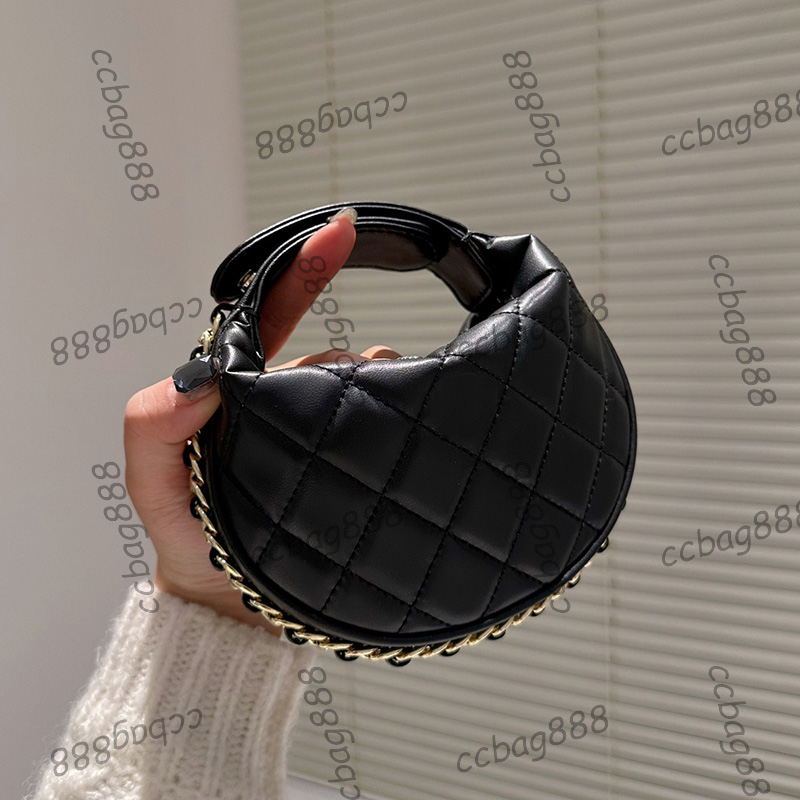 23C Early Spring Black Half Moon Pea Bags Real Leather MiniVanity Clutch Coin Zipper Purse Cosmetic Case Party Tiny Luxury Designe2695