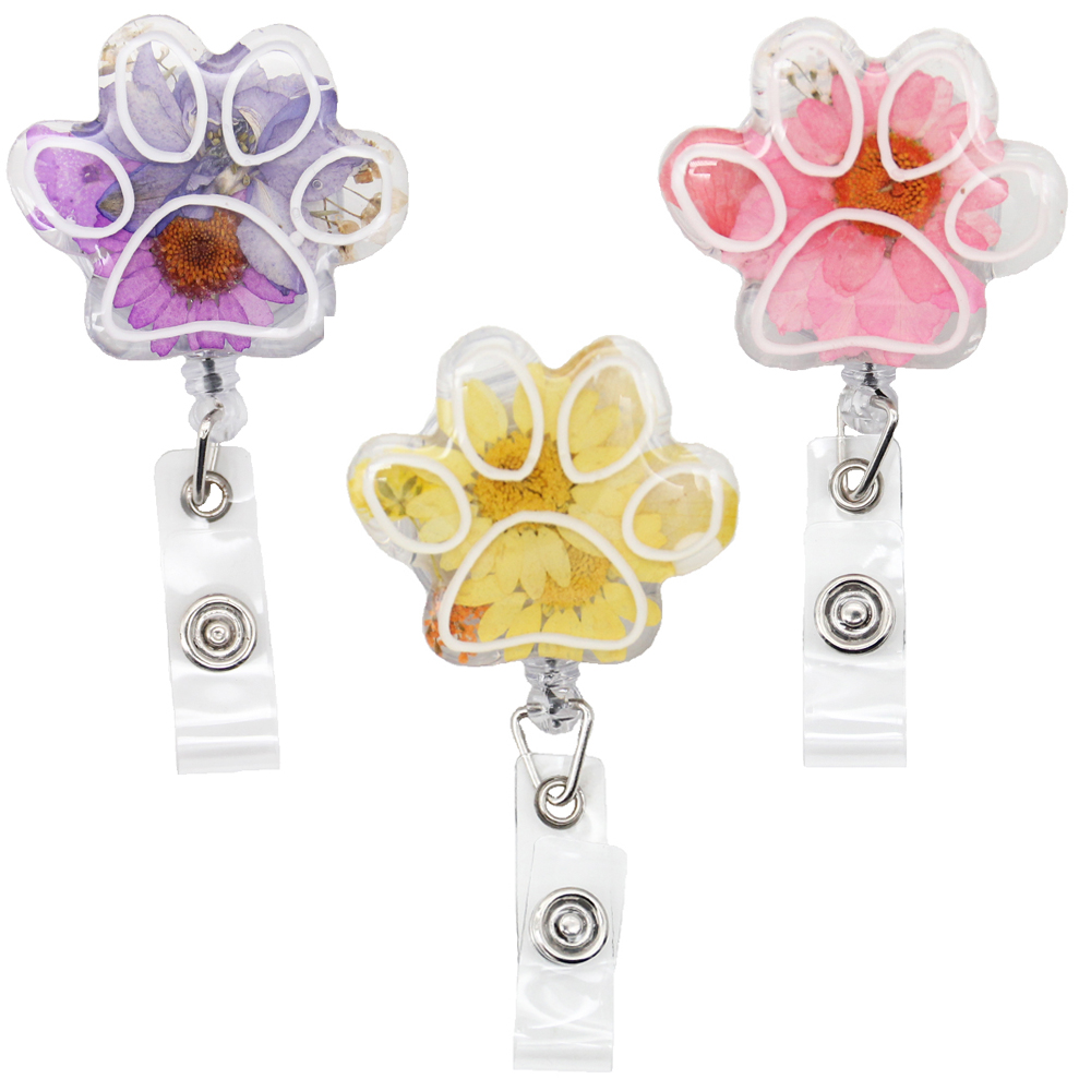10 pcs/lot Key Rings Flower Badge Reel Retractable Dog Paw Resin ID Name Card Badge Holder Dried Floral Badge Clip For Nurse Doctor Teacher Student