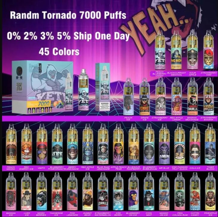 Original Randm Tornado 7000 Puffs 7K engångsvapspenna Elektroniska cigaretter 14 ml POD Mesh Coil 6 Glowing Colors uppladdningsbar luftjusterbar 2% 5% anordning 50 smaker