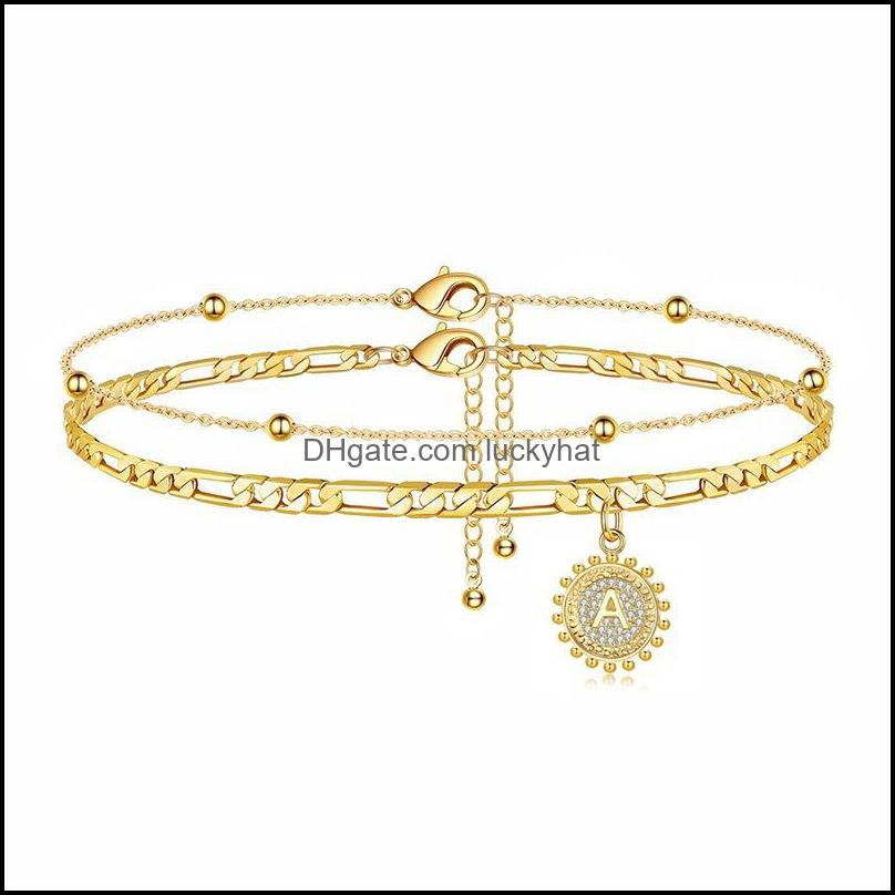 Cavigliere Braccialetti alla caviglia placcati oro 14K le donne Delicata catena a strati Cavigliera iniziale Regali estivi gioielli 46 E3 Consegna a goccia Dhjy2