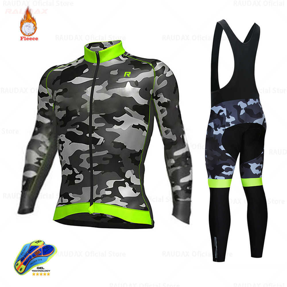 Uppsättningar 2023 Raudax Camouflage Winter Thermal Fleece Cycling Clothes Men's Jersey Suit Outdoor Riding Bike MTB Clothing Bib Pants Set Z230130