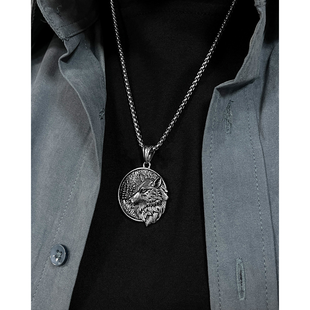 Cool Biker Wolf Pendant Stainless Steel Necklace Rolo Chain 3mm 24inch For Mens n2188