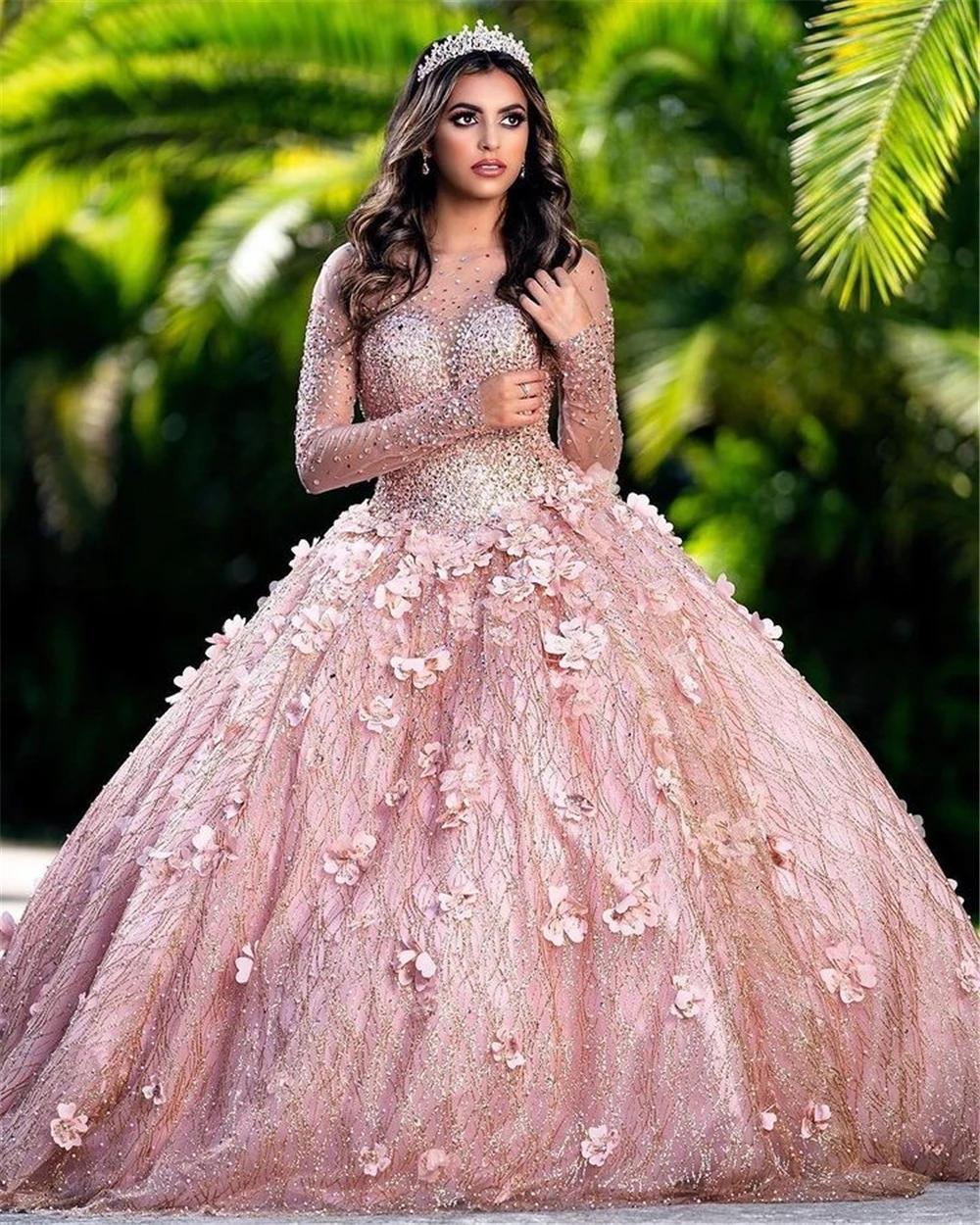 2023 Ball Gown Quinceanera Dresses Bridal Gowns Blush Pink Sparkly Sequined Rose Gold Crystal Beads Illusion Corset Back Long Sleeves Sweet 16 Dress With Flowers