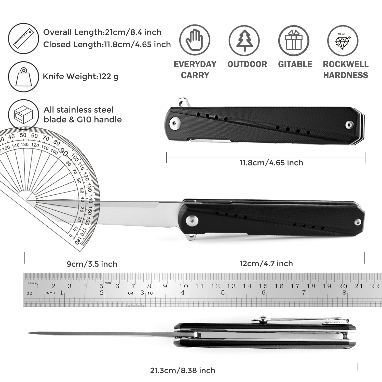 Coltello pieghevole affilato come un rasoio esterni, lama in acciaio D2, manico G10 con clip, coltello utensili EDC escursionismo Coltello tascabile portatile da campeggio