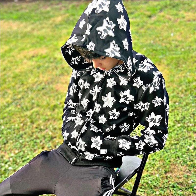 Men's Hoodies Hip Hop Joggers Sweatshirt Fashion Sport Coat Pullover Star Graphics Gothic Grunge Long Sleeve Full Zip Up Hoodie Y2k Jacket