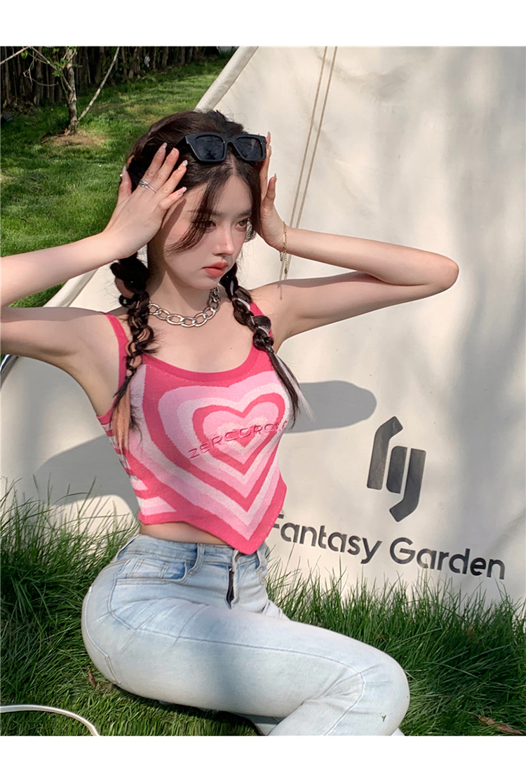 Novo design feminino alça espaguete padrão de letras de coração amor lindo colete assimétrico irregular crop top colete tanques camis