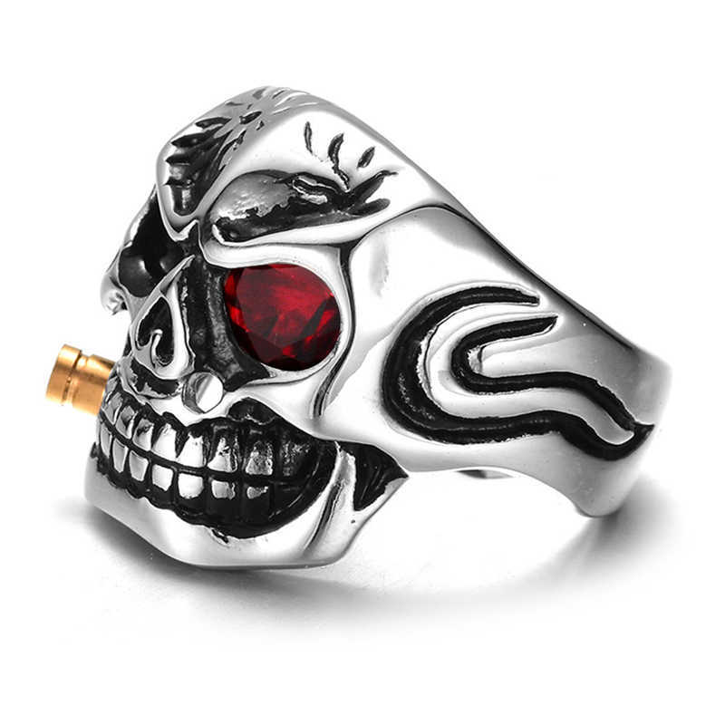Zrm Fashion Gold Smoking Pipe Biker Men's Rings Rock Punk Skull Ring Clear Red Zircon Eye Plating Jewelry for Men