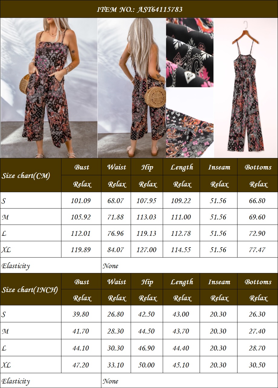 High Quality Boho Clothing Black Mixed Print Cropped Elegant Jumpsuit for Women