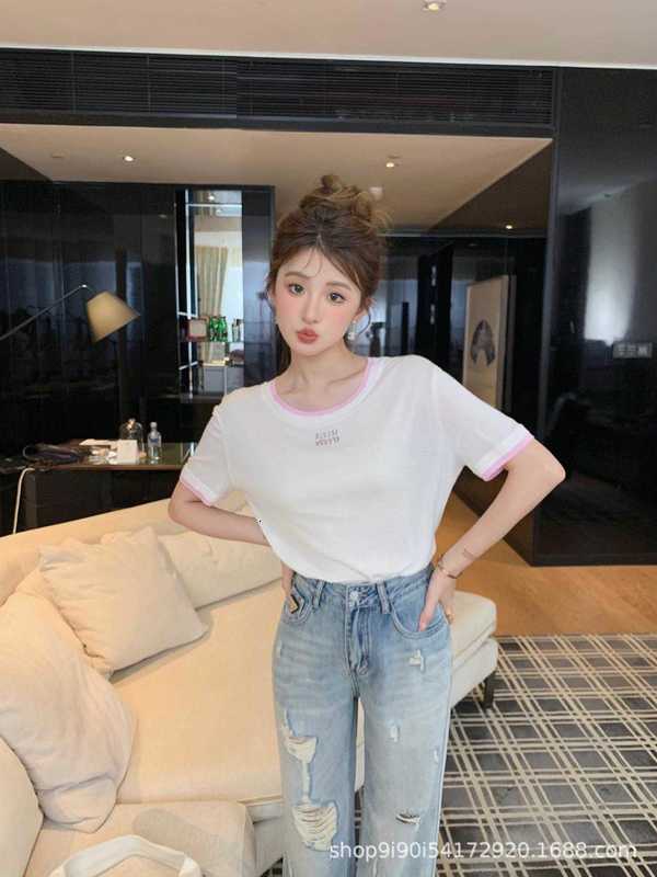 Women's T-Shirt designer Summer New niche design trendy brand fake two-piece contrasting hot pressed diamond letter Tiansi round neck short sleeved top XQWO