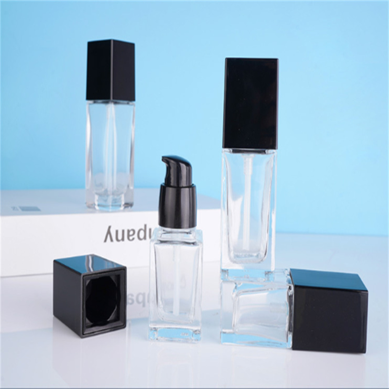 15 20 30 40ML Empty Clear Square Glass Emulsion Essence Bottle With Black Pump Head Cosmetic Containers For Lotion Cleanser Body Cream JL1738