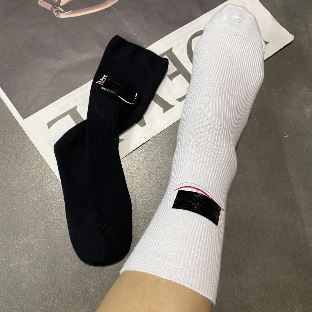 2023 Autumn New European Goods Women's Sock Fashionable Embroidery Letter Vinyl Cloth Sticker Tube Socks Personality Design Net Red Fashion