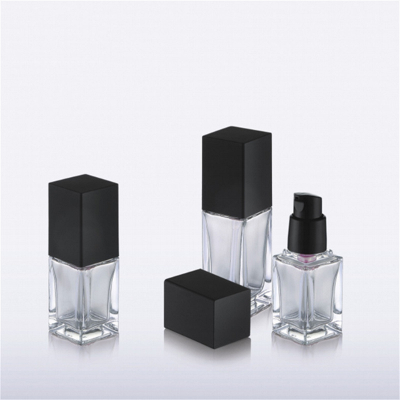 15 20 30 40ML Empty Clear Square Glass Emulsion Essence Bottle With Black Pump Head Cosmetic Containers For Lotion Cleanser Body Cream JL1738