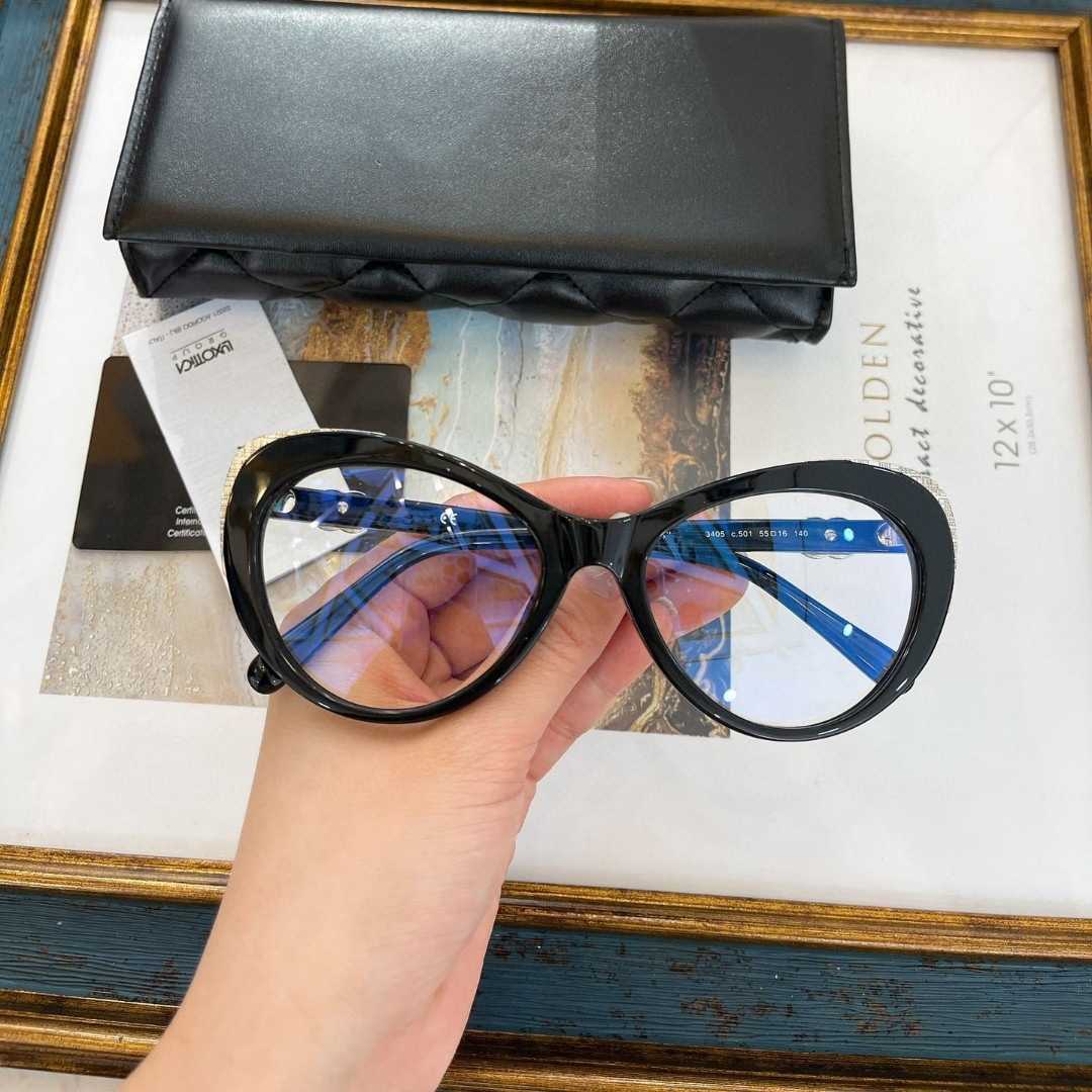 2023 Novos óculos de sol de grife de luxo CH3405 Flat Women's Same Cat Eye Frame Plain Face Mirror pode emparelhado em diferentes graus