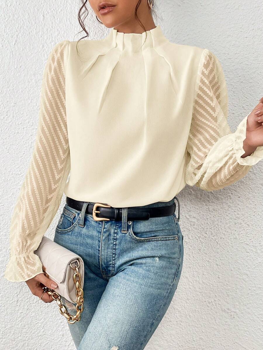 Autumn And Winter Elegant And Casual Half High Neck Patchwork Wavy Chiffon Long Sleeve Top For Women