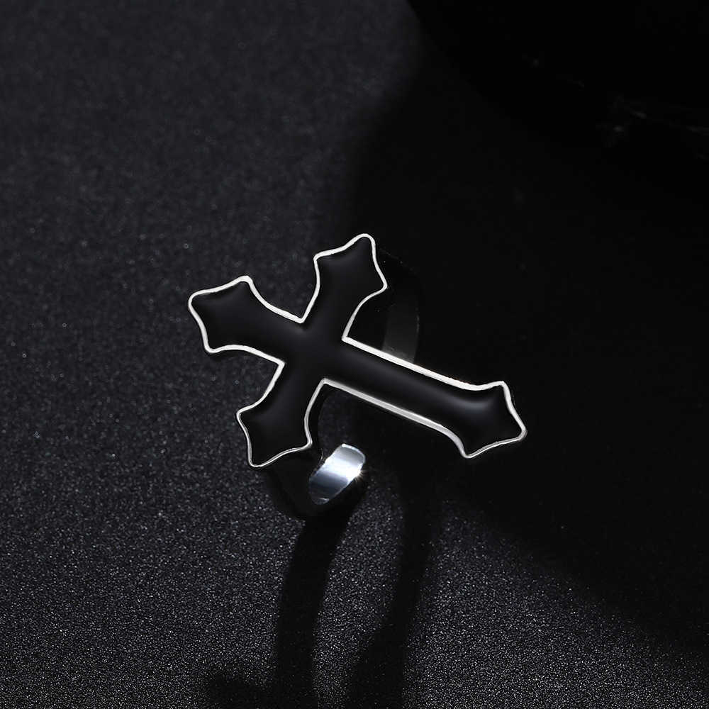 Хип -хоп винтажный черный кросс кольцо для мужчин Панк Готический и женщины Регулируемые религиозные христианские праздничные украшения
