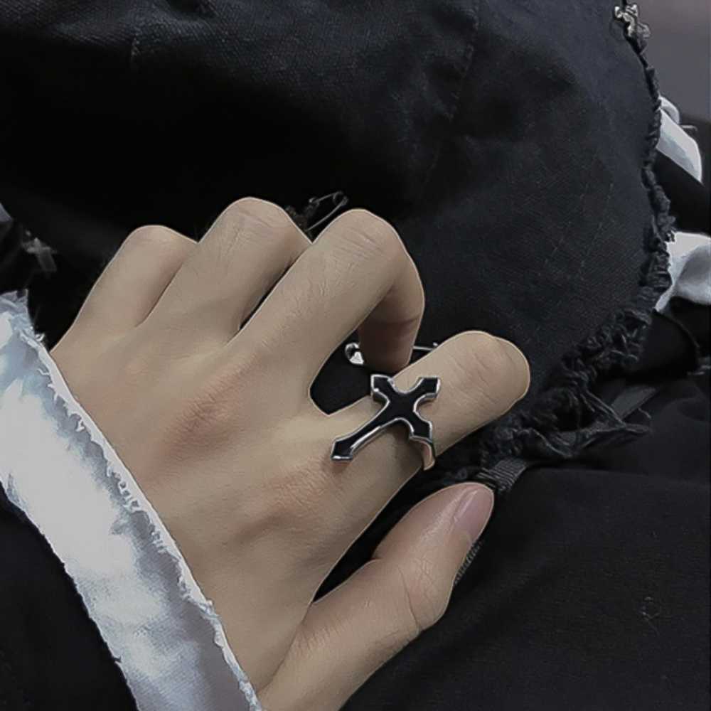 Hip Hop Vintage Black Cross Ring for Men Punk Gothic and Women Adjustable Religious Christian Holiday Gift Jewelry