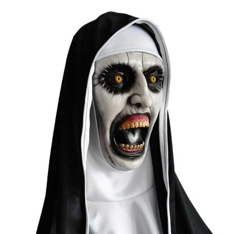 Máscaras de festa The Horror Scary Nun Latex Mask W/Headscarf Valak Cosplay for Halloween Costume Face Masques with Headpiece HKD230801