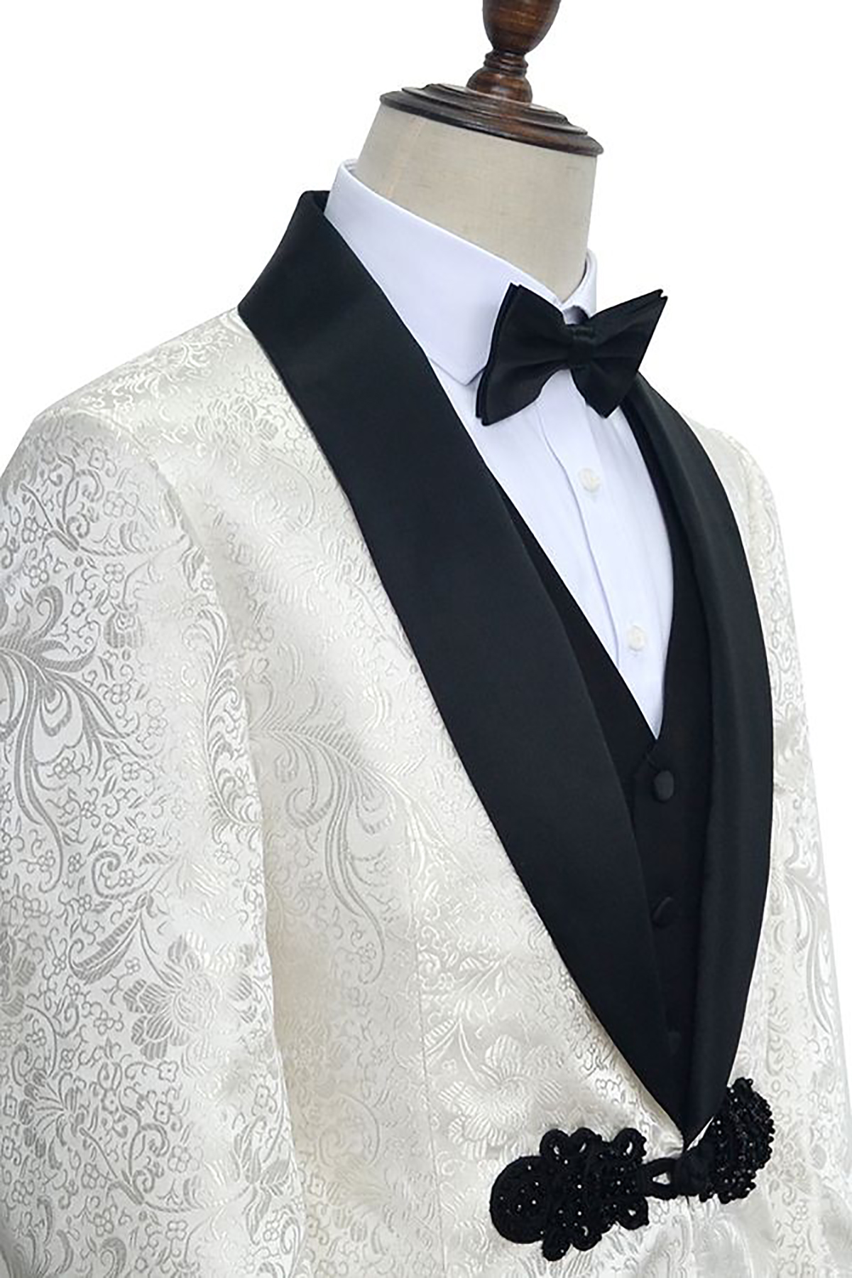 White Wedding Tuxedo för brudgummen 3 stycken Slim Fit Floral Jacquard Suits Shawl Lapel Costume Jacket With Pants Vest