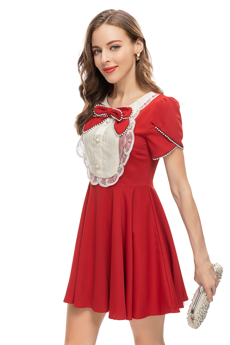 Women's Runway Dresses O Neck Short Sleeves Beaded Bow Detailing Patchwork Fashion Mini Vestidos