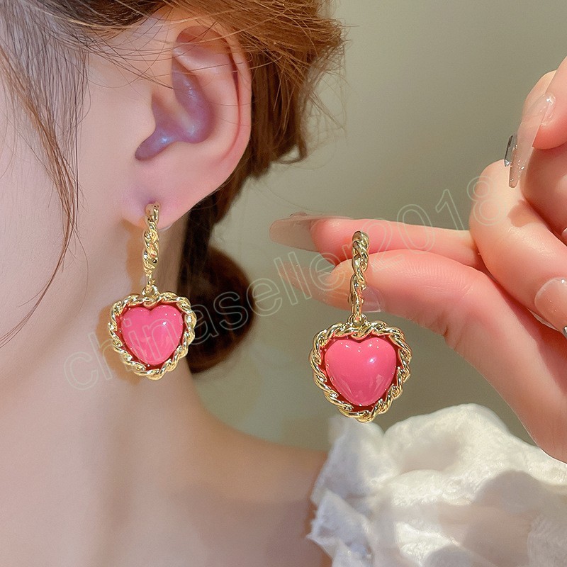 Coréen rose bleu résine coeur pendentif boucles d'oreilles pour les femmes bijoux quotidiens doux amour boucles d'oreilles Brincos cadeaux
