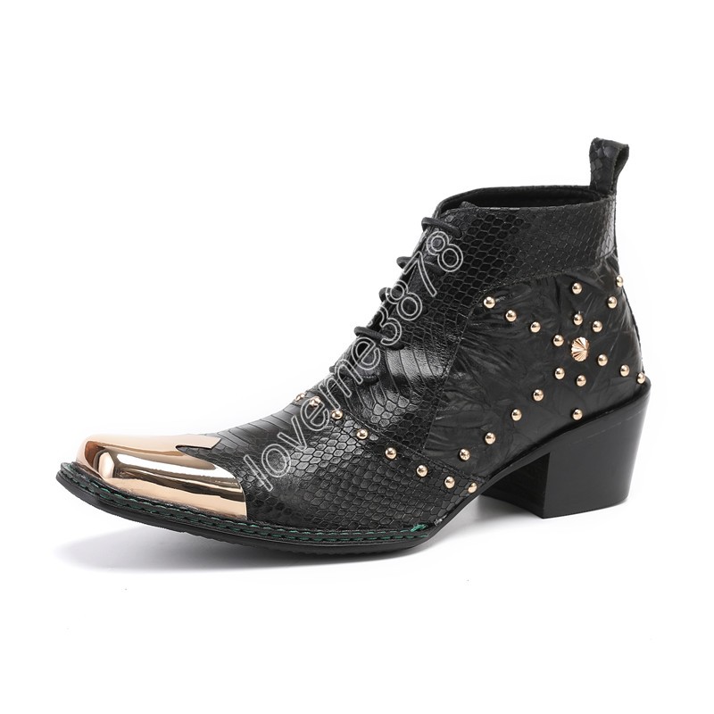 Christia Bella Punk Stil Nieten Männer Stiefeletten Echtes Leder Schnüren Kurze Stiefel Große Größe Motorrad Cowboy Stiefel Kleid Schuh