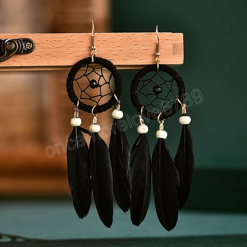 Vintage Bohemian Dream Catcher Wood Bead Feather Earrings for Women Ethnic Long Colorful Dangle Earrings Casual Vacation Jewelry