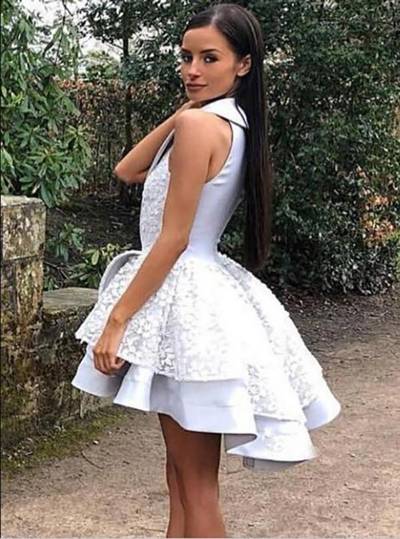 2023 Deep V-te-leck Lace Mini HomeComing Dress Tiered Satin Vructure Dresses Olcyfeless Prom Vorts Princess Free