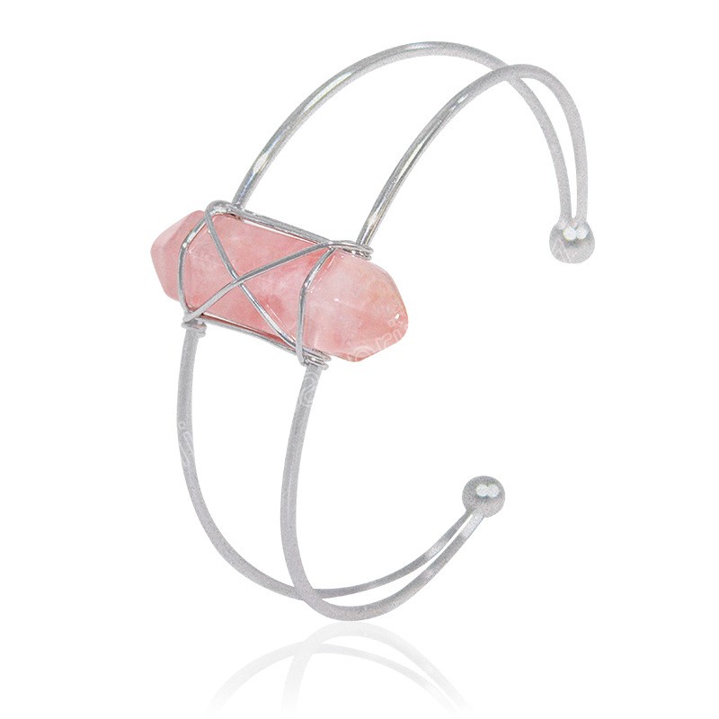 Bracciale in cristallo a punta esagonale Braccialetti con polsino regolabile in quarzo rosa con ametista avvolto a filo pieno in argento fatto a mano