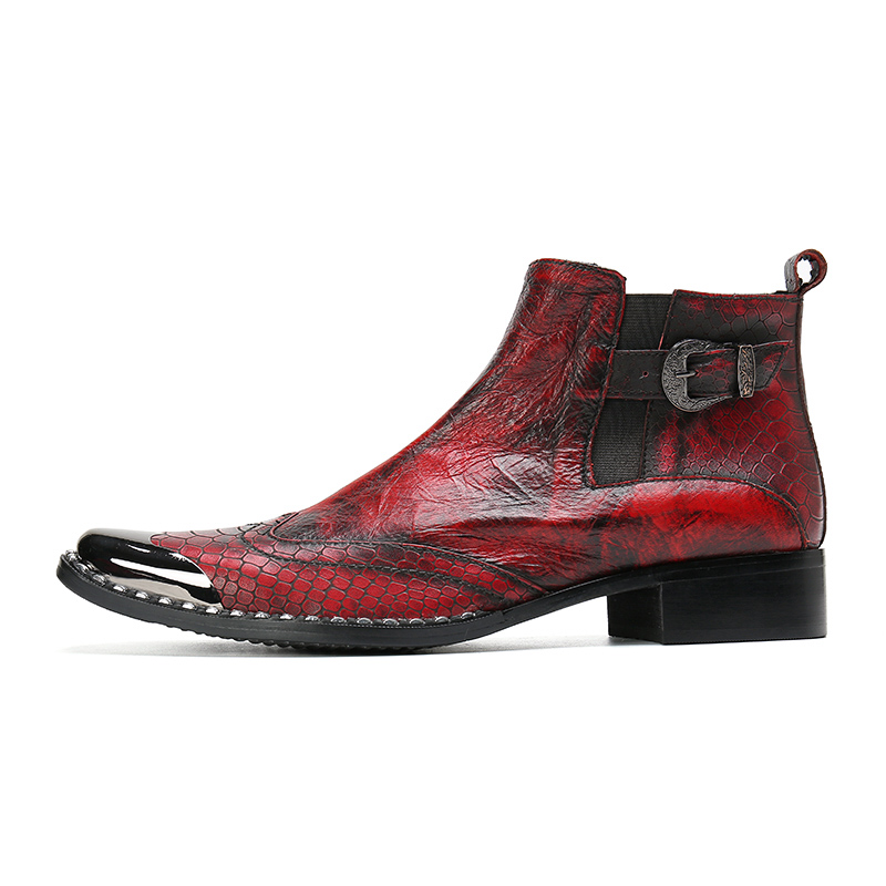 Inverno Plus Size Punta in metallo rosso Scarpe da uomo in vera pelle con fibbia Stivaletti da cowboy con cerniera Stivaletti da uomo formali da uomo d'affari