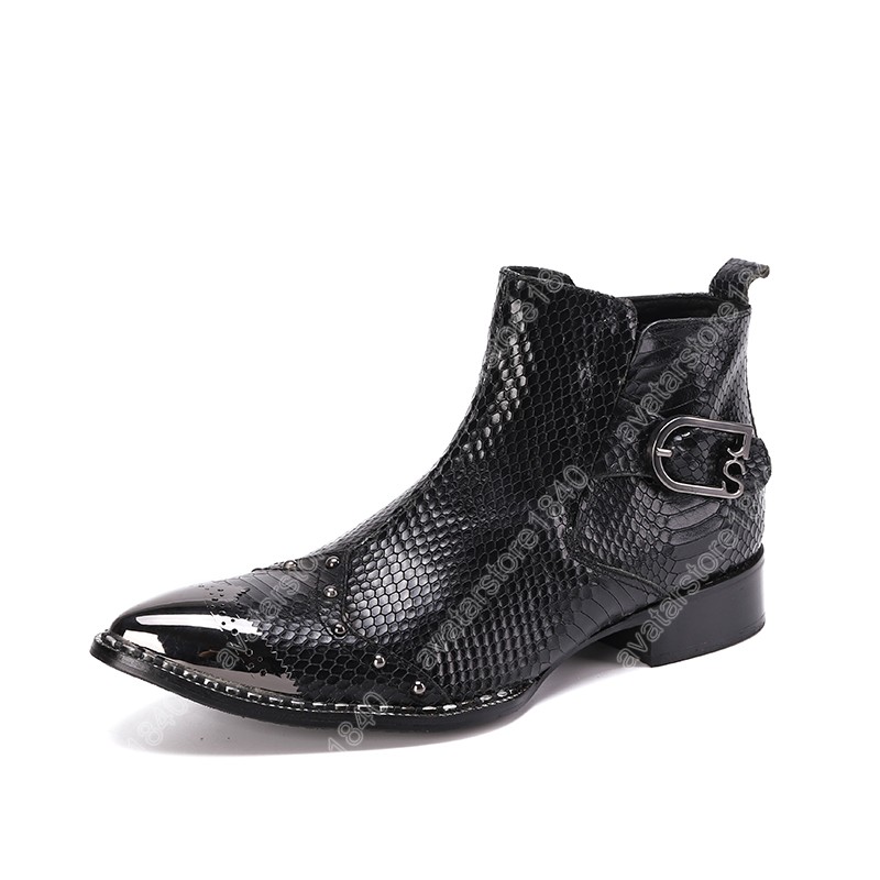 Christia Bella Fashion Brock Carving Men Ankle Boots Black äkta lädermotorcykel Korta stövlar Manliga affärsformella skor