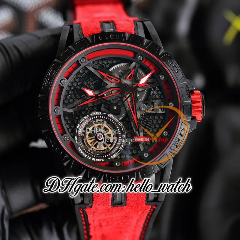 Ny 45mm RDDBEX0479 RDDBEX0546 AUTOMATISK MÄNS WATCH SKELETON DIAL TOURBILLON PVD Black Steel Case Red Inner Rubber Strap Watches Hwrd Hello_Watch G09B 8