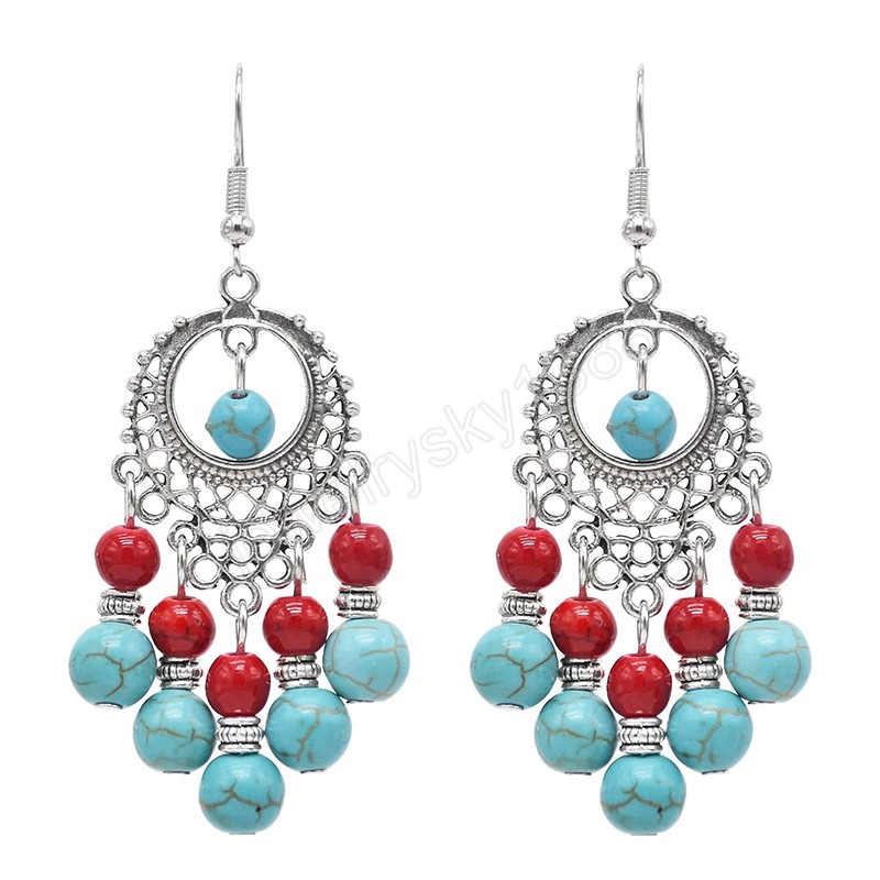 Vintage Ethnique Bleu Rouge Perles Gland Boucles D'oreilles pour les Femmes Boho À La Main Argent Couleur Creux Dangle Boucle D'oreille Bijoux