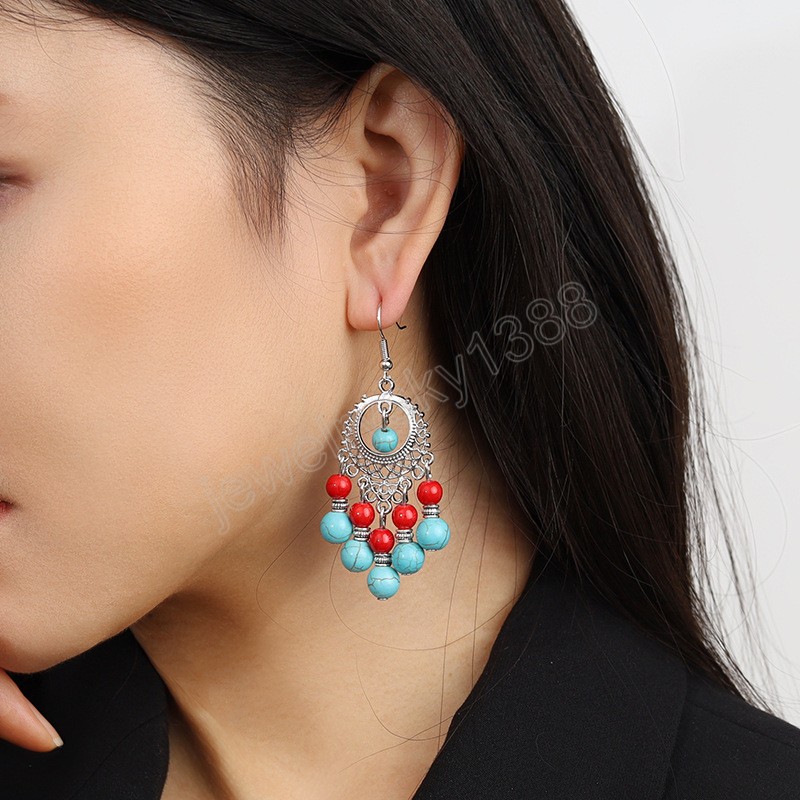 Vintage Ethnique Bleu Rouge Perles Gland Boucles D'oreilles pour les Femmes Boho À La Main Argent Couleur Creux Dangle Boucle D'oreille Bijoux